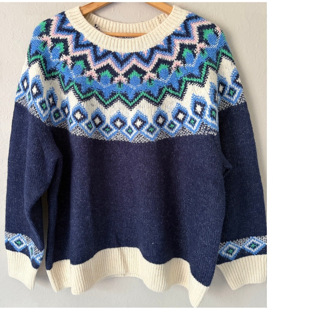 Old Navy Womens Navy Fair Isle Festive Craft Knit Sweater 2X Plus Winter Boho